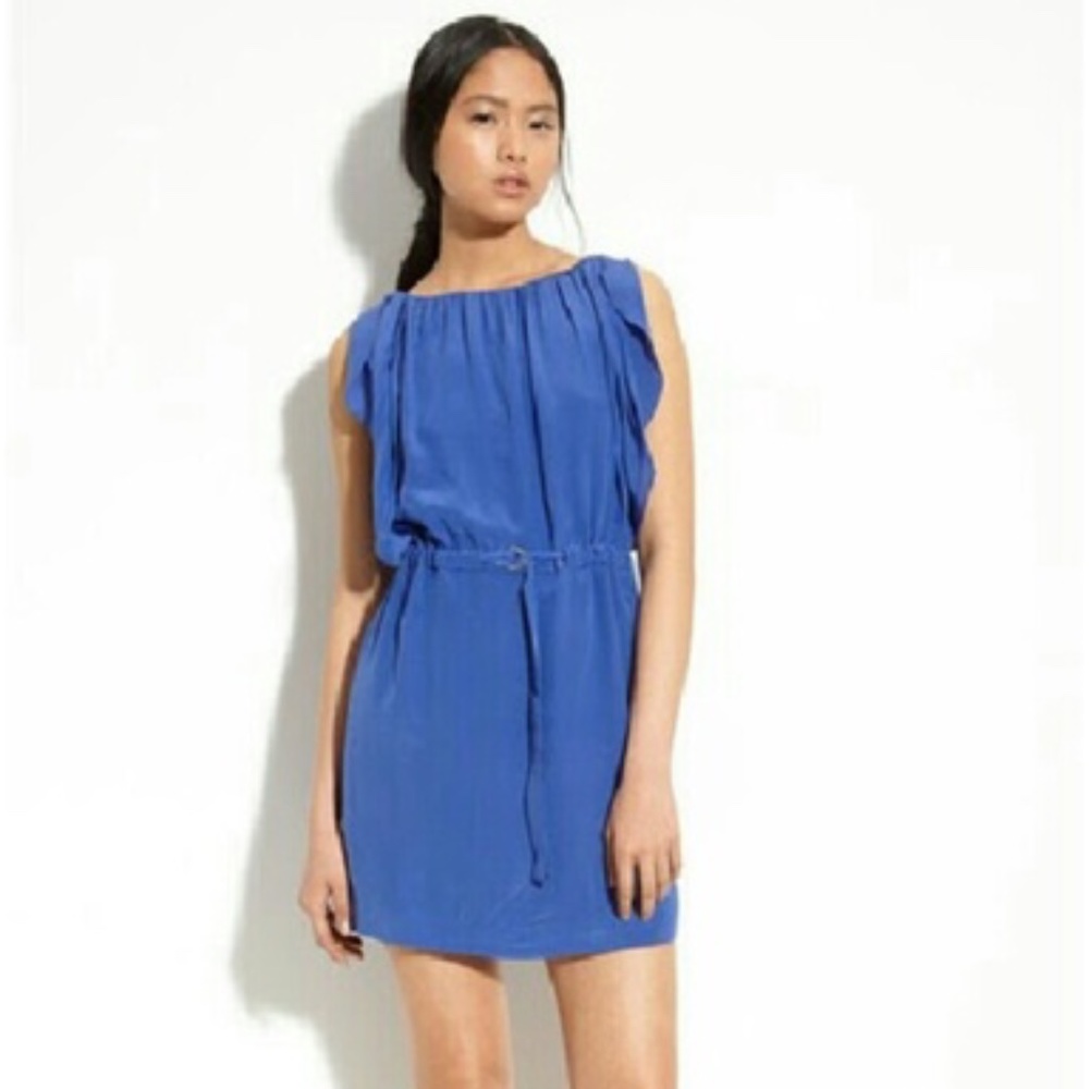 LEIFSDOTTIR 4 Blueberry 100% Silk Dress Flutter Sleeve Belted